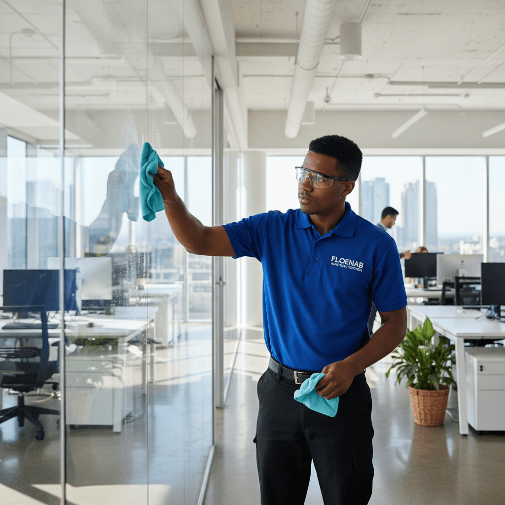 Team member from Floenab cleaning office glass in a modern workspace