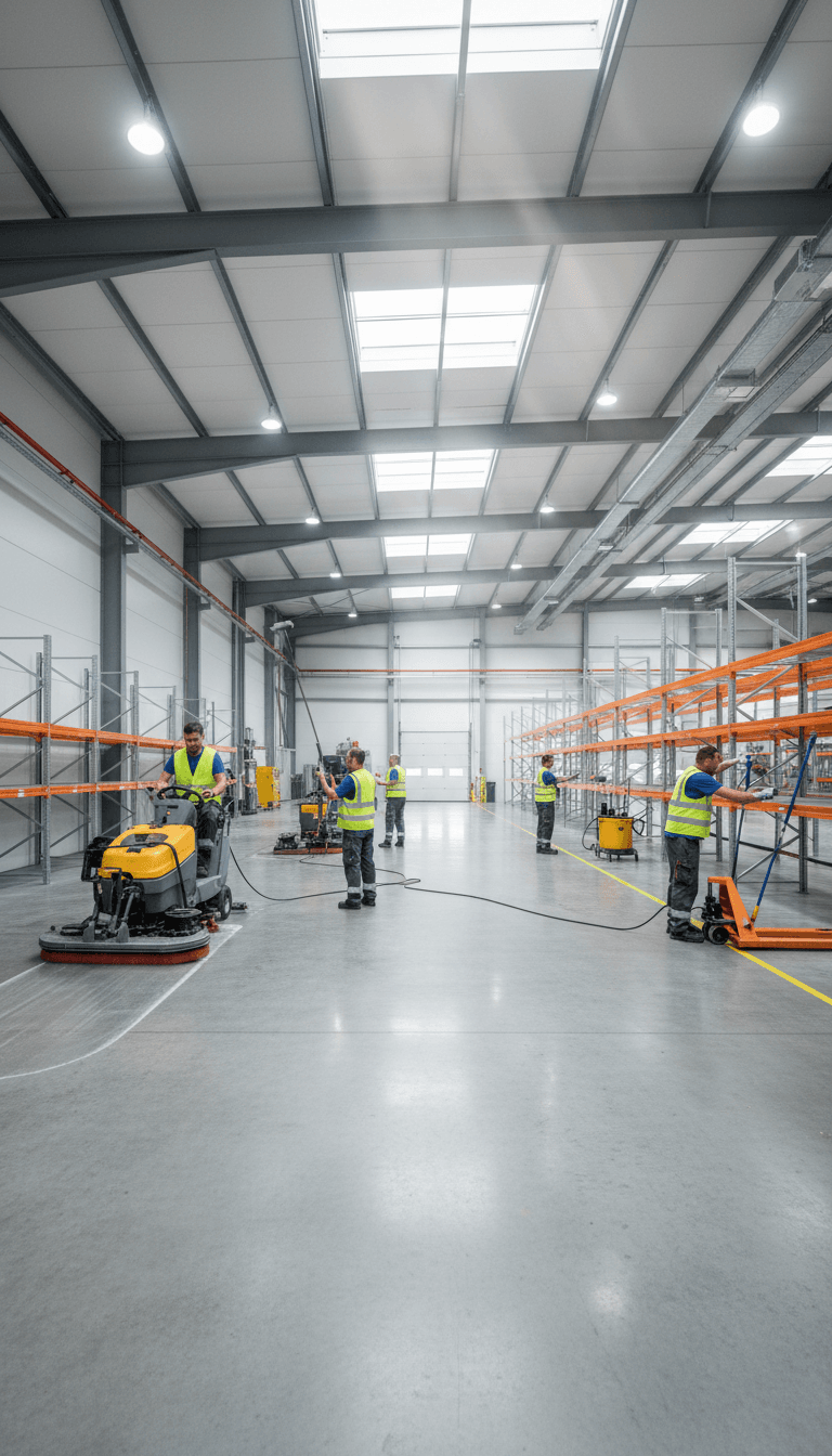 Warehouse cleaning team working in large commercial space