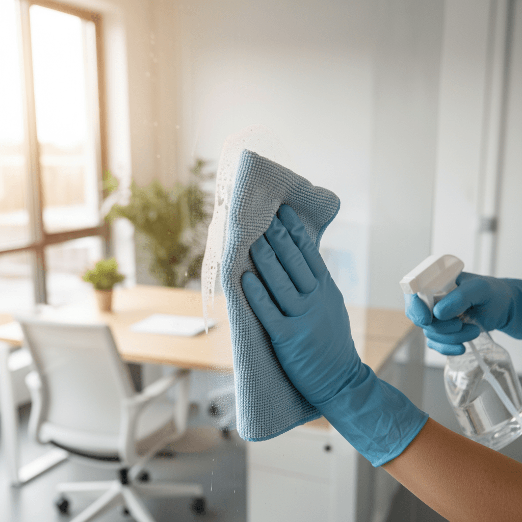 Cleaner's gloved hands wiping glass surface with microfiber cloth in bright office setting with natural light