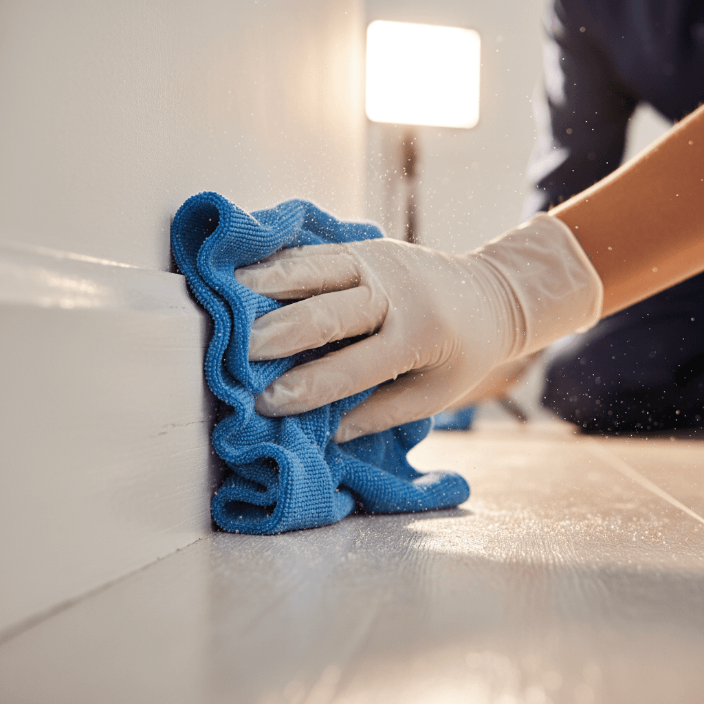 Worker's hands in gloves meticulously cleaning a white baseboard with microfiber cloth and cleaning solution under task lighting