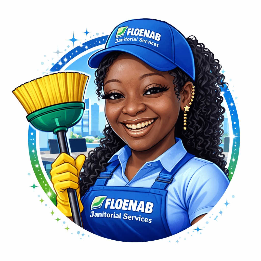 Smiling woman in blue Floenab Janitorial Services uniform holding a broom against a city background.
