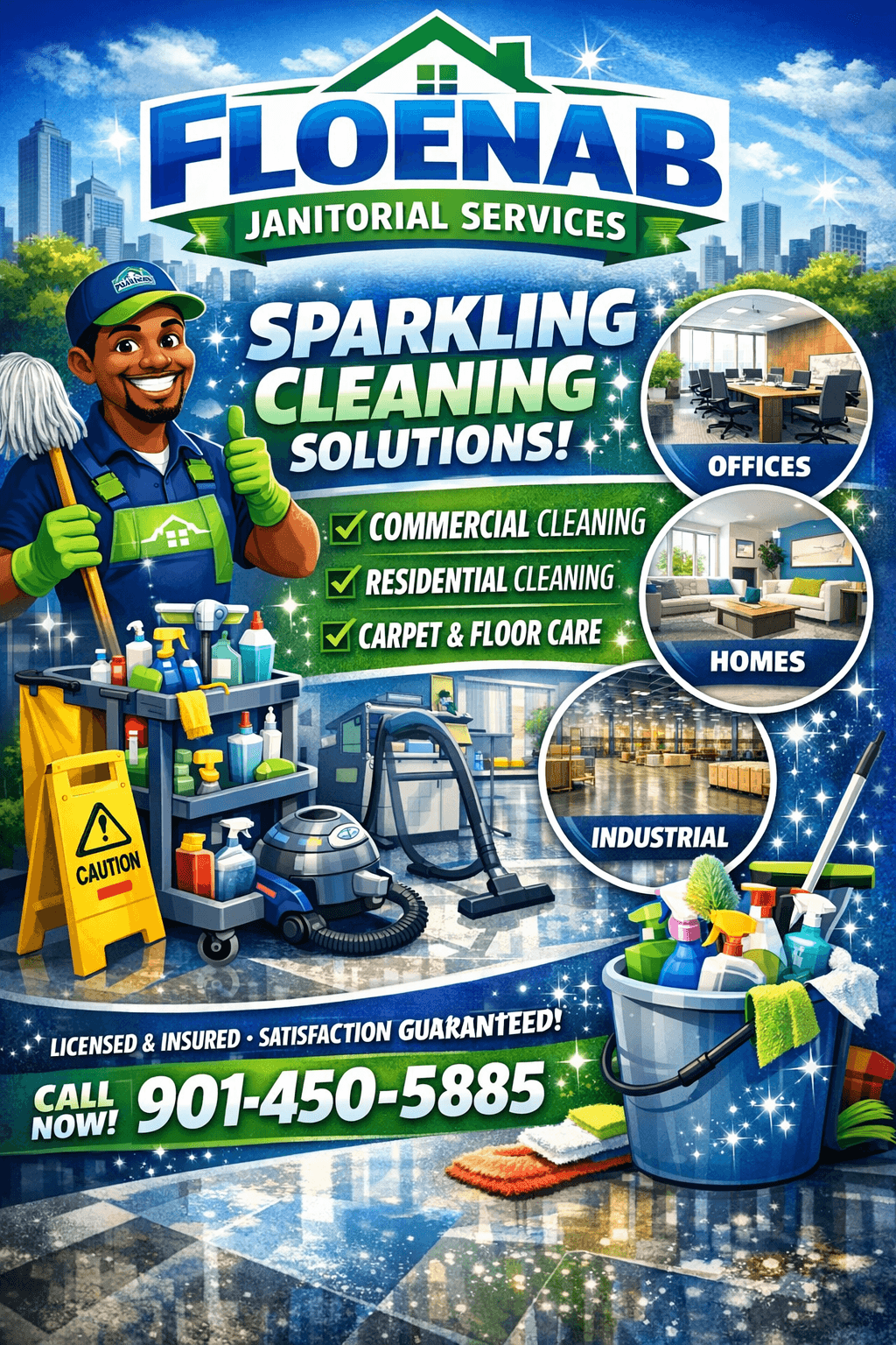 Floenab Janitorial Services advertisement featuring a smiling cleaner, equipment, and commercial, residential, and industrial cleaning.